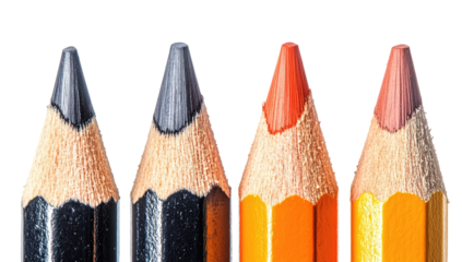 Close-up of four colored pencils in a row.  Dark gray, black, orange, and red shades