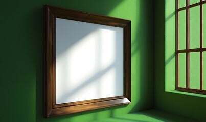 A wooden framed picture hanging in a green illuminated room