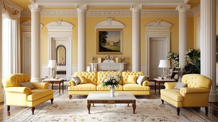 Elegant living room with yellow sofas, classical columns, ornate decor, and a luxurious ambiance.