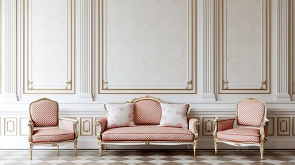 Elegant vintage sofa set with ornate detailing in a luxurious, classic room with decorative wall paneling and checkered flooring.