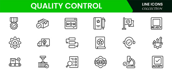 Precise vector web line icons depicting quality control, standards, inspections, testing, and assurance for consistent excellence in processes.