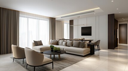 A modern living room with neutral tones, large windows, cozy seating, and elegant decor, creating a bright and welcoming atmosphere.