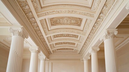Ornate classical ceiling with decorative moldings and fluted columns in an elegant architectural interior.