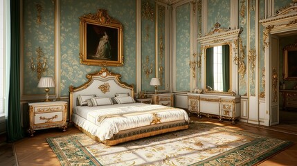 Luxurious vintage bedroom with ornate gold details, elegant furniture, and a regal ambiance.