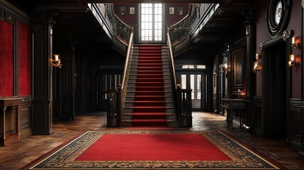 A grand, elegant staircase with a red carpet in a luxurious, vintage mansion interior with ornate woodwork and large windows.