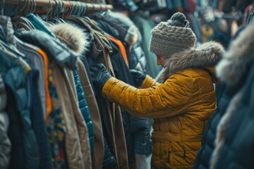 Detailed Visual  of Woman Selecting Among Secondhand Winter Coats