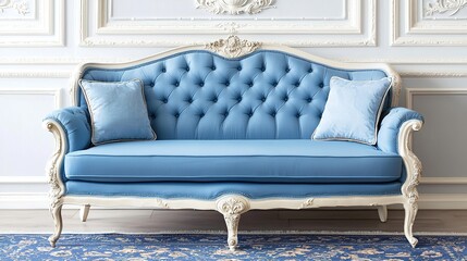 Elegant blue vintage sofa with tufted upholstery and ornate white wood frame, set in a classic, luxurious interior.