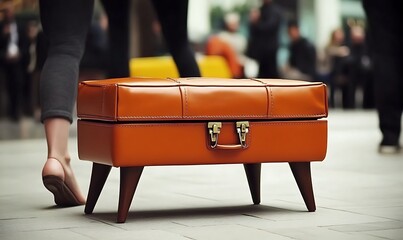 A stylish orange leather ottoman sits on a city sidewalk
