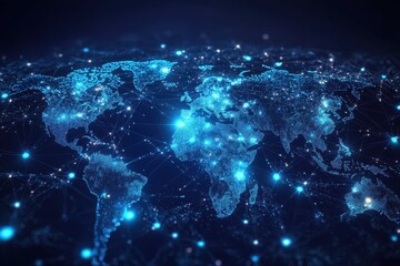 Obraz premium Global network represented through a vibrant abstract world map highlighting connections across different regions and continents in a dark digital landscape