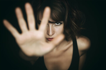 A woman with intense eyes holds her hand up close to the camera, creating a dramatic and powerful gesture against a dark background.
