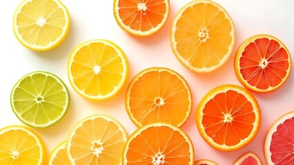 Obraz premium Variety of citrus fruit slices in rainbow gradient. Ideal for food, nutrition, summer, or healthy lifestyle concepts in commercial, editorial, and graphic design use