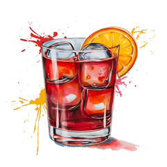 Watercolor Red Cocktail with Orange Slice Drink Illustration
