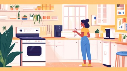 A woman stands in a brightly colored kitchen