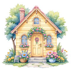 Charming yellow cottage surrounded by colorful flowers tranquil garden illustration whimsical style