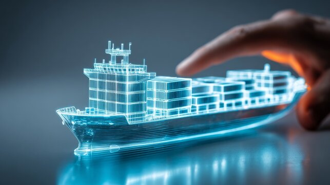 A futuristic digital ship model being interacted with a human hand, symbolizing innovation.