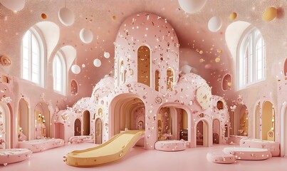 An elaborately decorated interior space rendered with pastel colors and curves