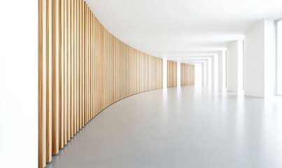 Interior design displays an elongated hallway with wooden paneling details