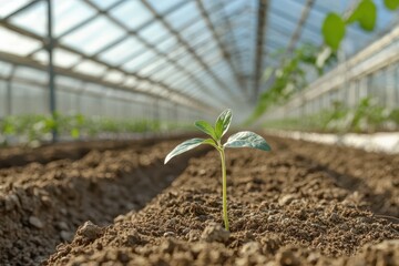 Young plant sprouting in fertile soil inside a greenhouse filled with healthy green seedlings under bright sunlight