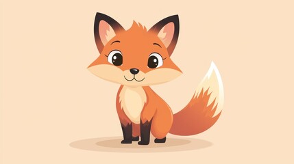 Obraz premium Cute cartoon fox, sitting, against soft background, kids book illustration
