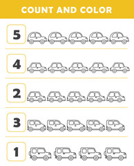 Count and color educational children activity with cute cars. Mathematics worksheet for kids. Math activities for toddlers to practice early math concepts.