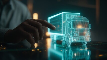 A futuristic holographic truck model displayed on a digital tablet, symbolizing innovation.