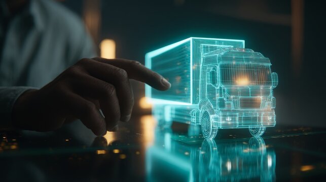 A futuristic holographic truck model displayed on a digital tablet, symbolizing innovation.