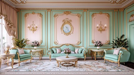 Elegant pastel-green rococo living room with ornate gold accents, plush seating, floral arrangements, and classic wall moldings.