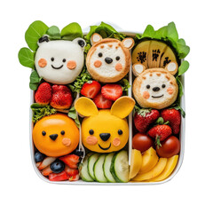 Cute and Colorful Animal-Themed Bento Box with Fruits and Snacks for Kids on transparent background