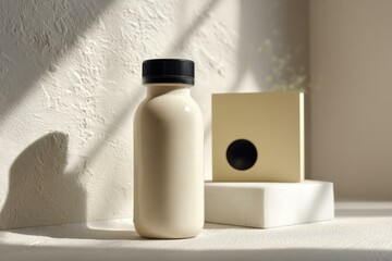 Beige bottle mockup on minimalist background