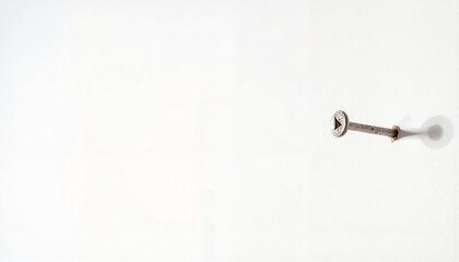 Close-up of a nail in a flawless white wall, minimalism concept