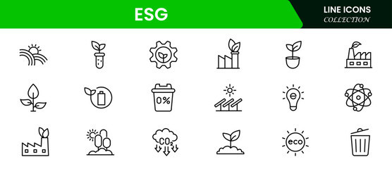 Sustainable vector web line icons depicting ESG principles, environmental care, social responsibility, governance, and ethical business practices.