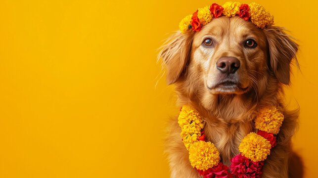 Dog Adorned With Marigold Garland and Red Tika During Kukur Tihar, Placed on Corner Against Vibrant Gradient Background With Empty Space for Text, Celebrating Loyalty in Hindu Festival of Tihar