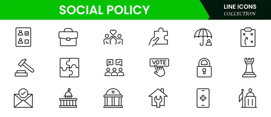 Impactful vector web line icons depicting social policy, welfare, equality, community support, and governance for inclusive societal progress.
