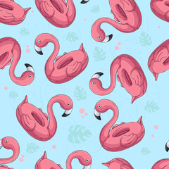 Hand drawn seamless pattern of pinky flamingo inflatable pool floats for kids to enjoy summertime, pool equipment for summer vibes