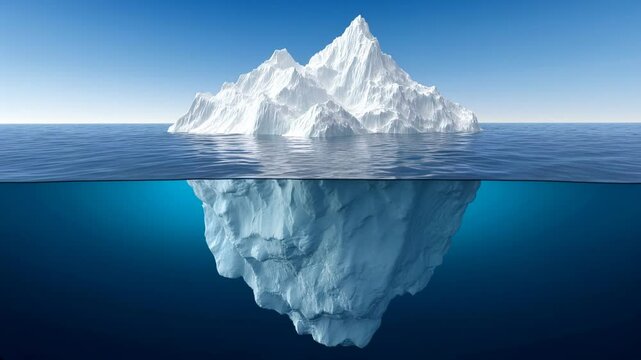 Hidden Depths: An iceberg floats serenely on a calm, crystalline sea, with a significant portion of its mass submerged beneath the surface. Revealing a hidden and massive world.