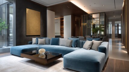 A luxurious contemporary living room a velvet sectional, glass coffee table, abstract art, soft warm lighting casting deep