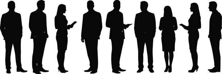 Business people silhouette, men and women, standing group, office attire, tablet in hand, team discussion, corporate vector illustration, isolated