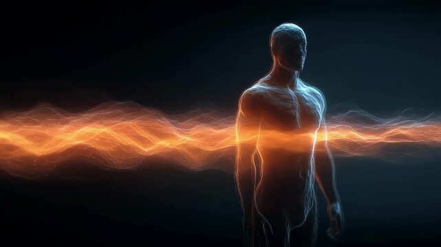 Male figure glowing with vibrant orange energy against dark background, depicting internal hormonal changes and physiological heat transmission related to metabolic shifts during andropause
