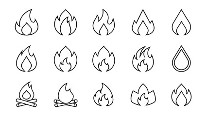 fire flat line icons  flames  flame of various shapes.