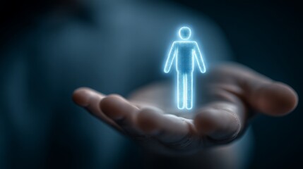 A hand holding a glowing digital avatar symbolizing virtual presence and innovation.