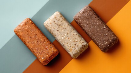 Three nutritious energy bars with varying nut and seed textures are arranged on a colorful geometric background.