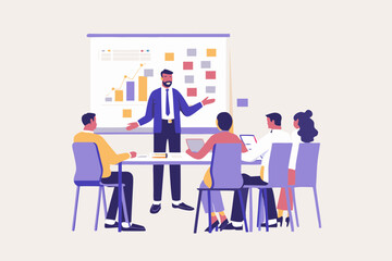 Business Presentation with Diverse Team Man Presenting Data to Colleagues in a Meeting Room with Charts and Graphs