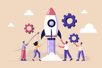 Teamwork and Innovation People Launching a Rocket with Gears Symbolizing Business Startup and Growth with a Collaborative Effort