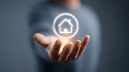 A hand holding a glowing house icon, representing real estate and home ownership.