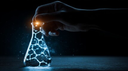 A hand holding a glowing laboratory flask with illuminated molecules.