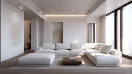 Fototapeta premium A luxury minimalist living room a large sectional, white walls, an abstract art piece, soft directional lighting casting