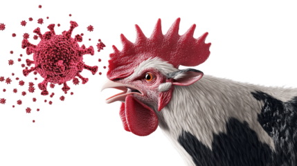 Rooster infected with avian influenza virus represented by the coronavirus illustration