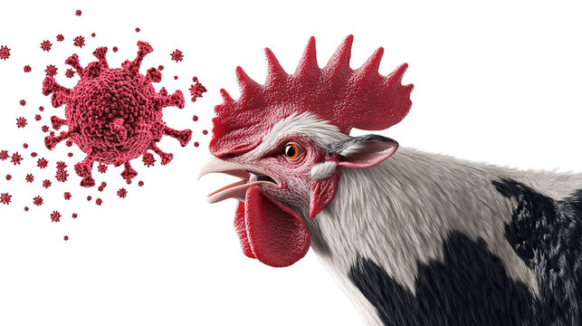 Rooster infected with avian influenza virus represented by the coronavirus illustration