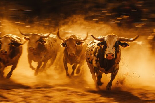 Runners participate in the Encierro Running of Bulls event in Pamplona, showcasing their speed and agility among the charging bulls in a sandy arena