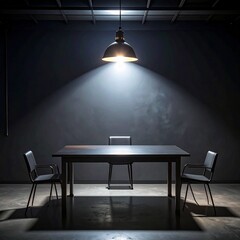 Dark Interrogation Room with Hanging Lamp and Metal Table